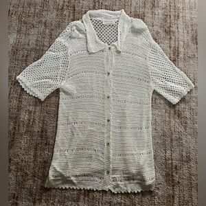 Urban Outfitters Crochet  Short Sleeve Cream Shirt Womens L Beachy Boho Resort